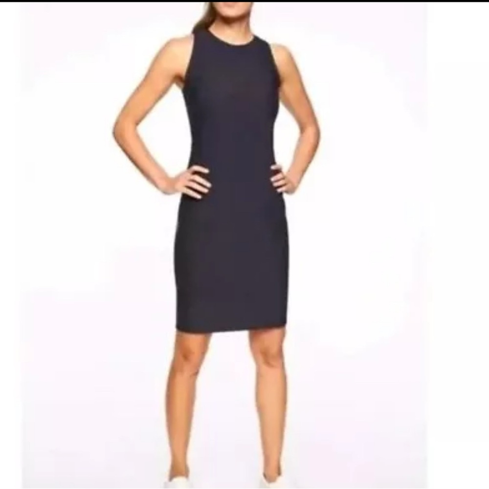 Athleta Stellar En Route Scuba Midi Dress Black/Blue Athletic Bodycon Medium